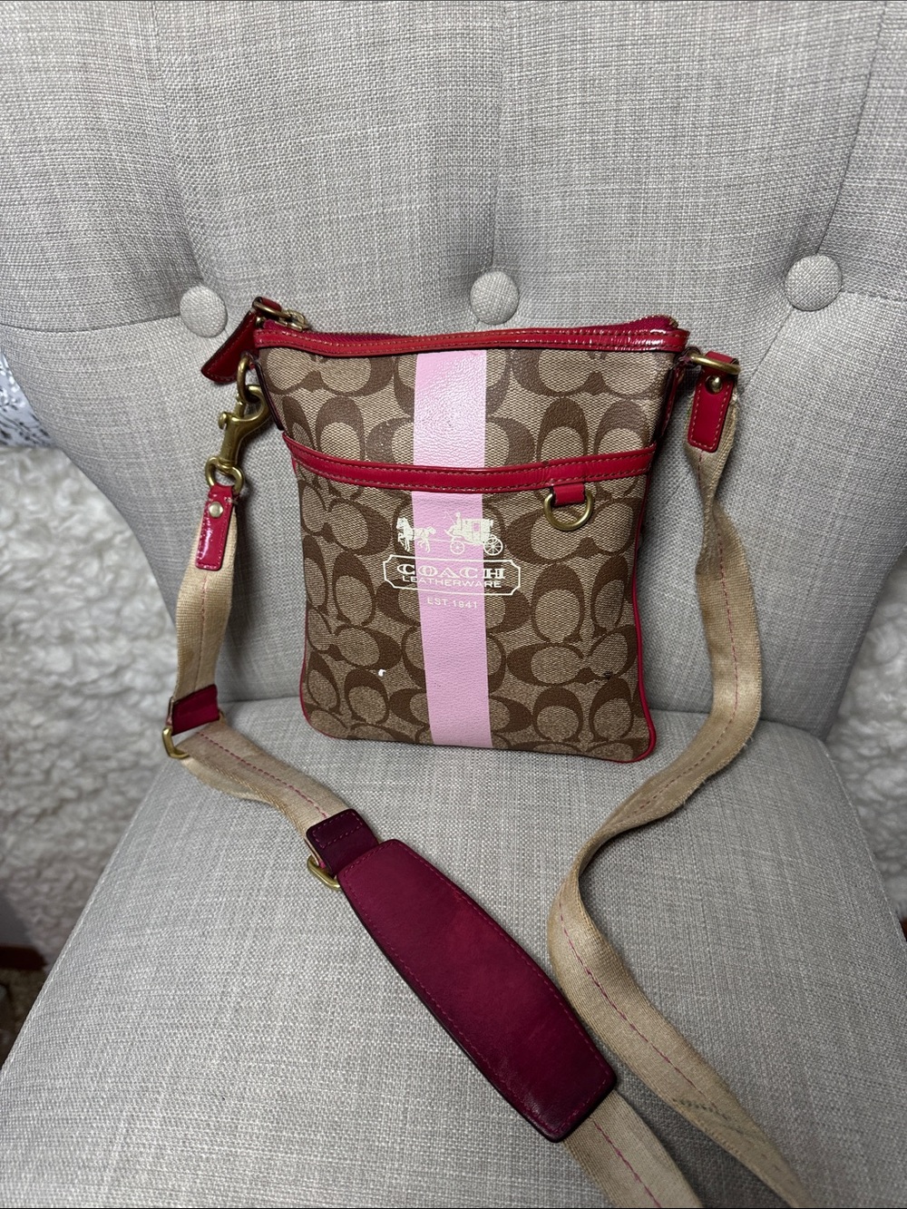 Coach Brown Signature Crossbody with Pink Stripe and Red Trim